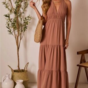 Vici Halter Maxi Dress in Tan